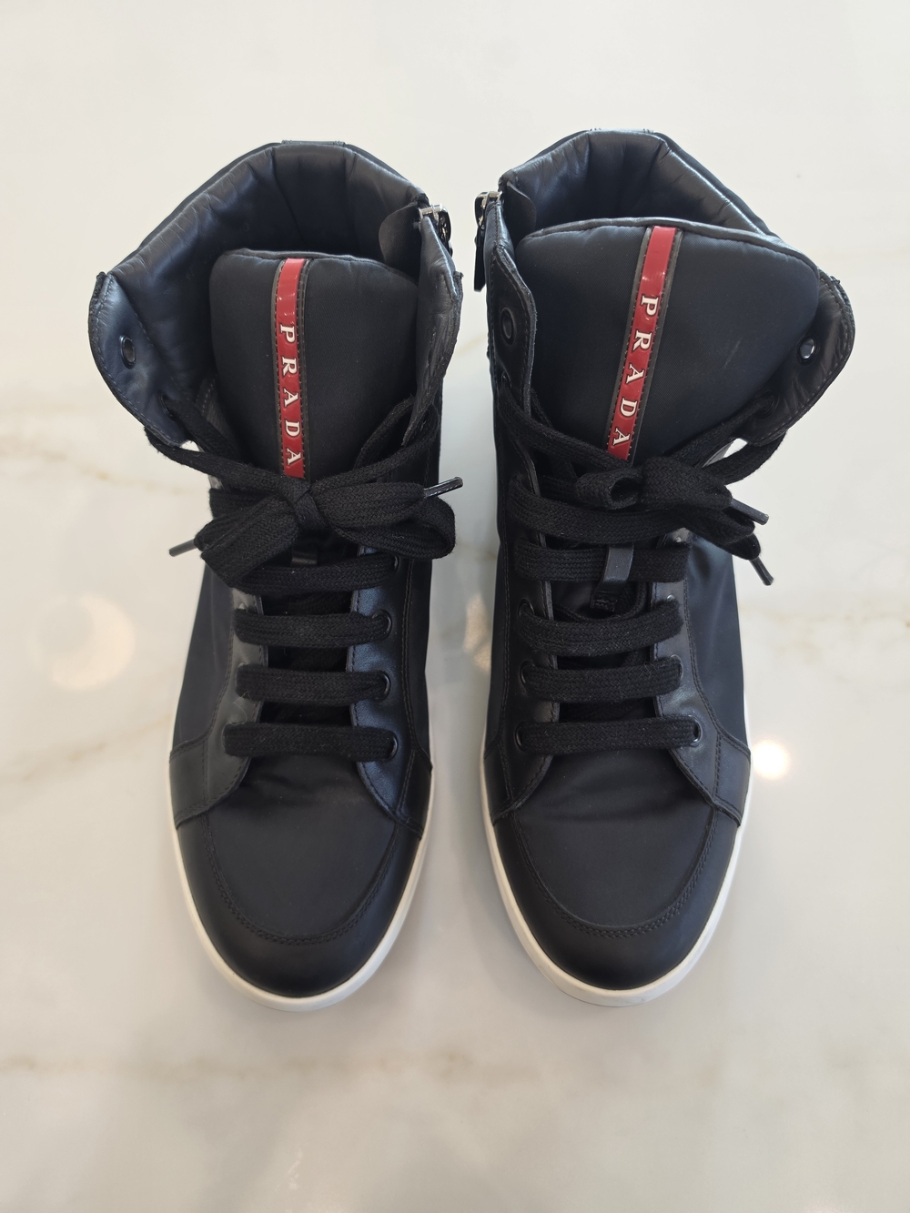 Prada Black High-Top Sneakers with Red Logo Tape